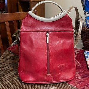 Red Leather Handbag with White Handle